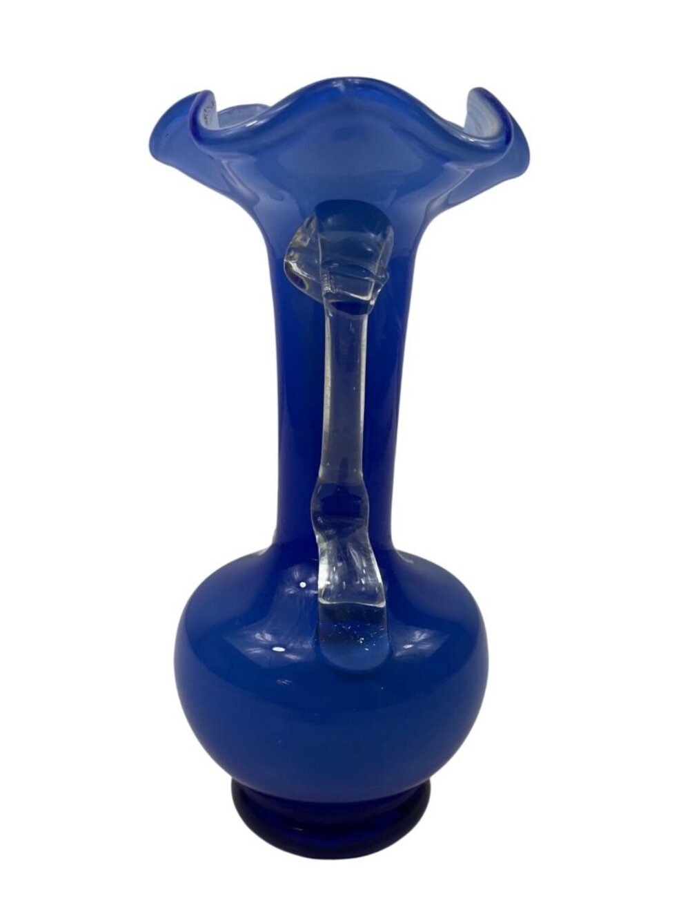 Handmade Cobalt Blue Glass Vase With Clear Swirl Handles & Ruffled Rim - Picture 7 of 12